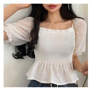 White Chiffon Dobby Mesh Short Sleeves Smocked Blouse